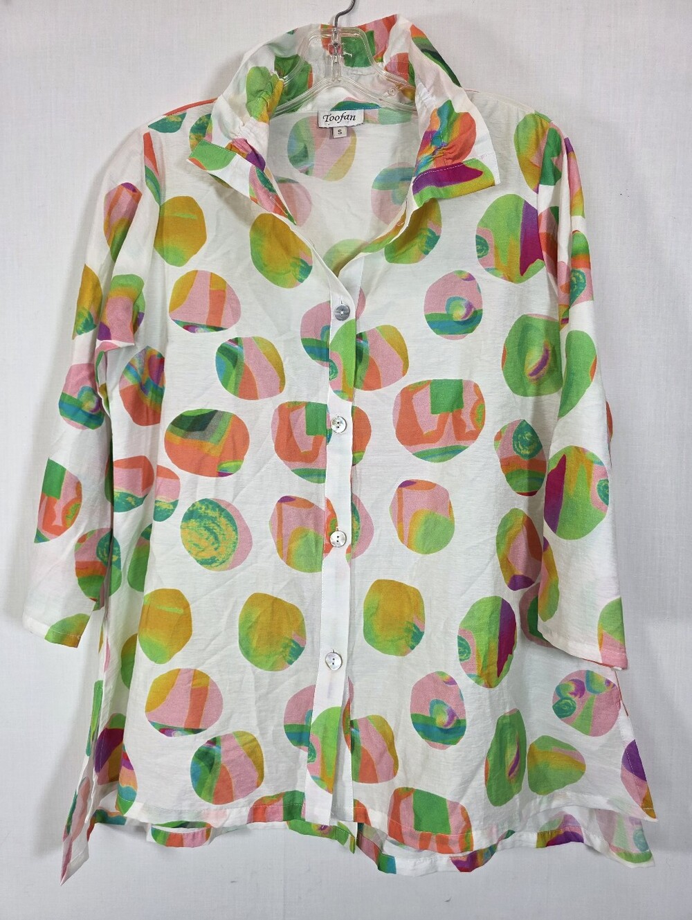 Toofan Artsy Abstract Polka Dot Cotton Button Down Tunic Blouse Small